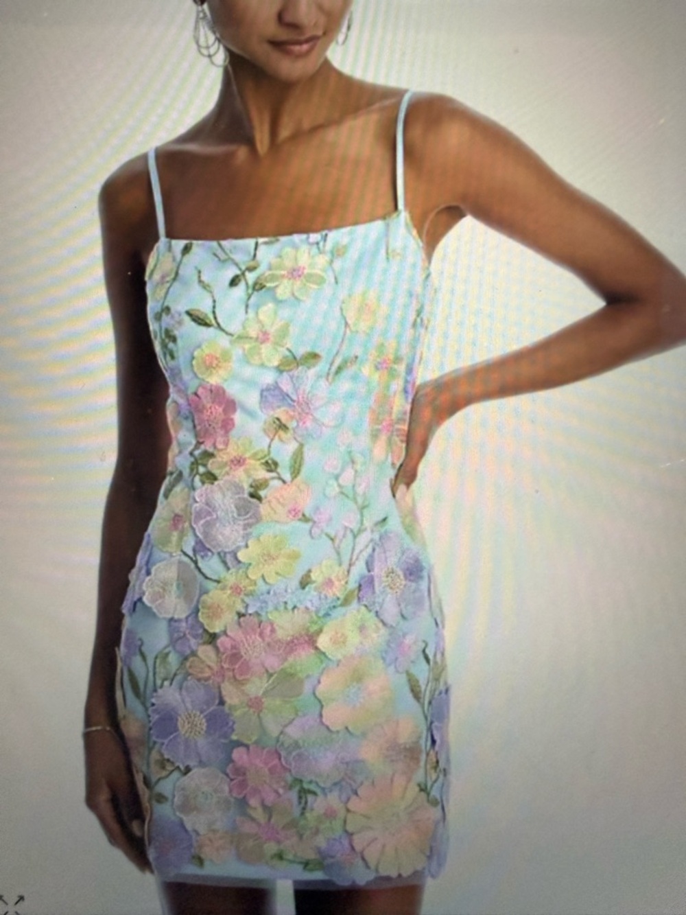 Aqua Pastel Floral Embroidered Mini Dress - Light Blue Multicolor